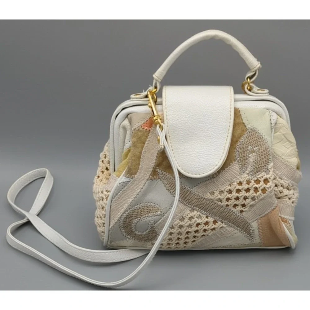 Vtg 80s White Pastel Patchwork Purse Leather Crochet‎ Shoulder Handbag Crossbody
